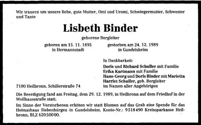 Bergleiter Lisbeth 1895-1989 Todesanzeige